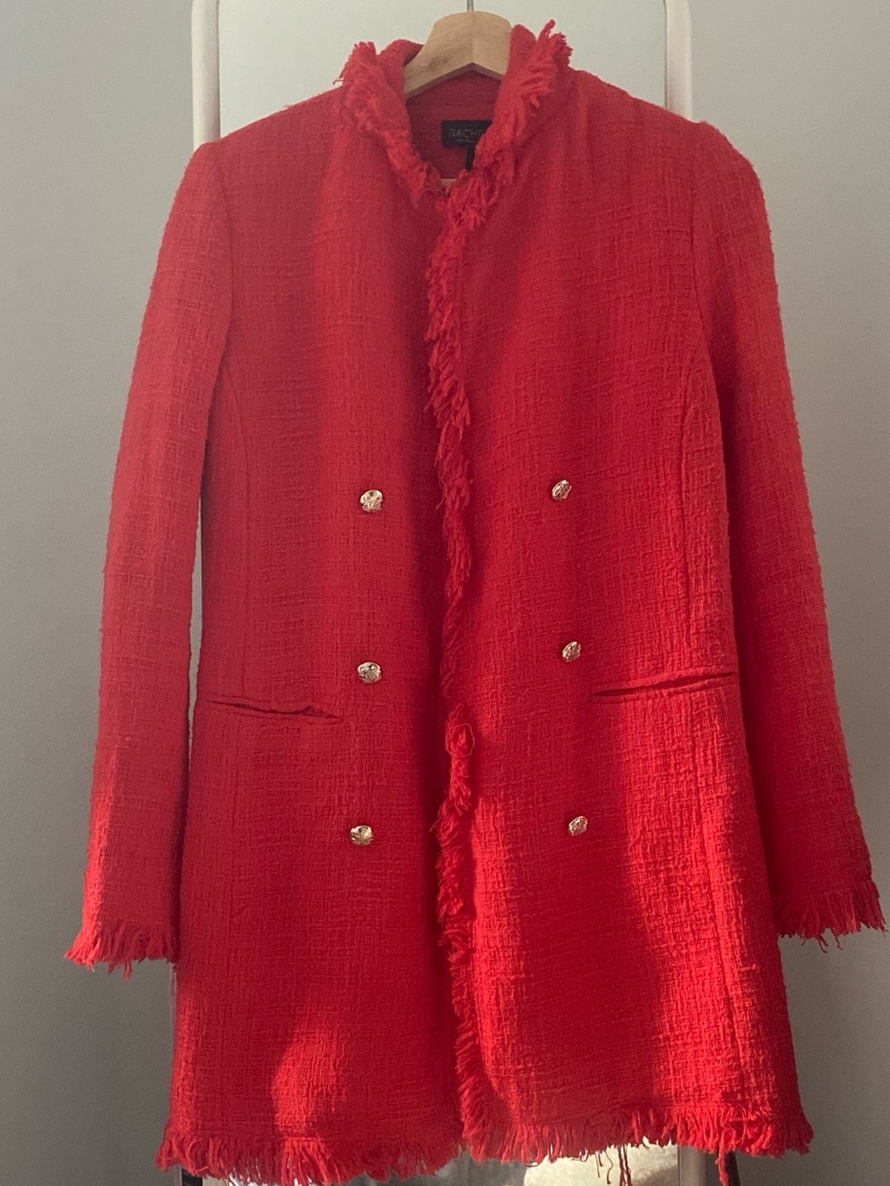Rachel Zoe Red Tweed Frayed-Trim Double-Breasted Jacket